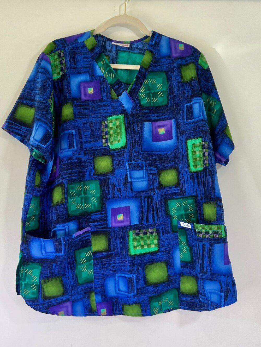Cherokee Scrubs Blue Green Purple Geometric Print Scrub Top Tie Back No Size